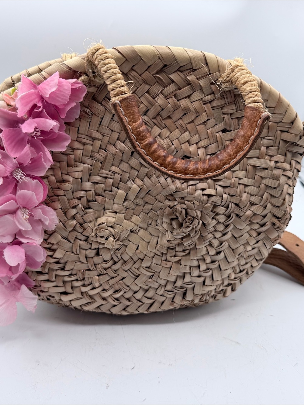 Artemis Woven Round Straw Tote Bag in Natural with Pink Flower Accent